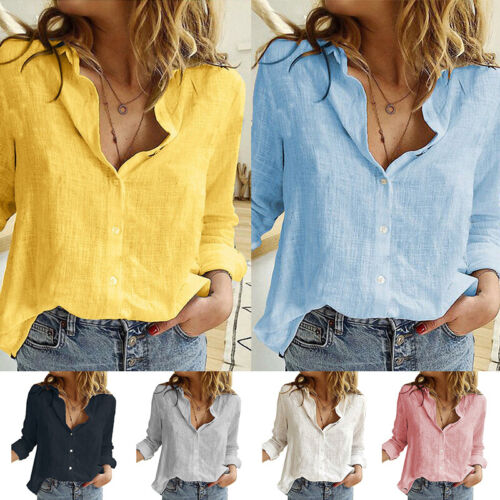 Women Linen Cotton Shirt Button Up Tops Long Sleeve Casual Loose Blouse Casual "