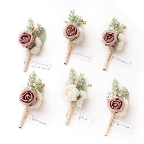 Lings Mens 6 pcs Groom Groomsmen Boutonnieres Dusty Rose Pink flower with Pearls