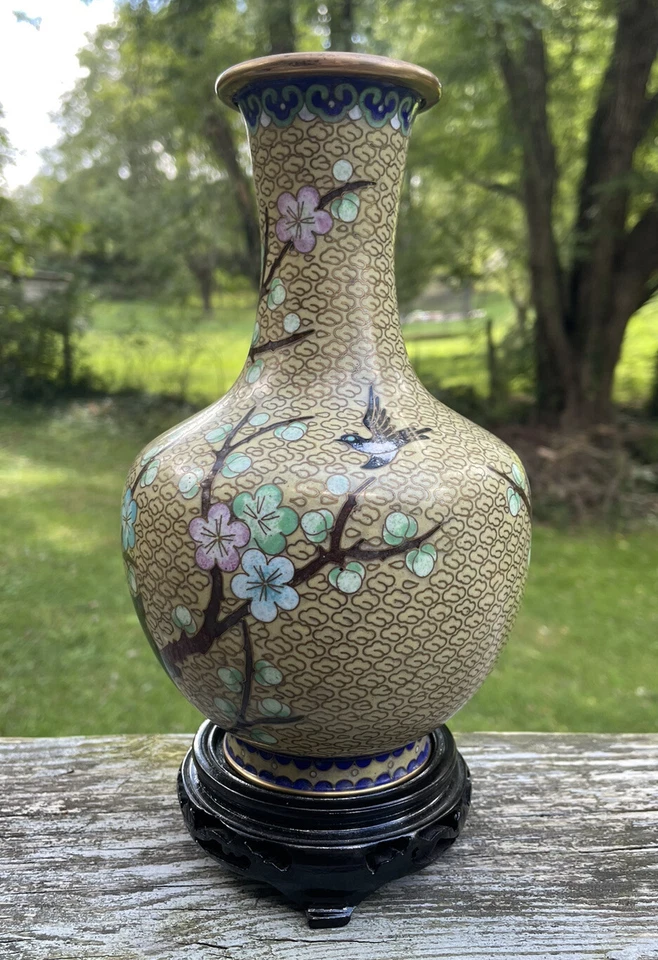 Изысканная *Chartreuse* художественная ваза клуазоне с розовыми/синими/мятными цветами вишневого дерева - Изображение 2 из 4
