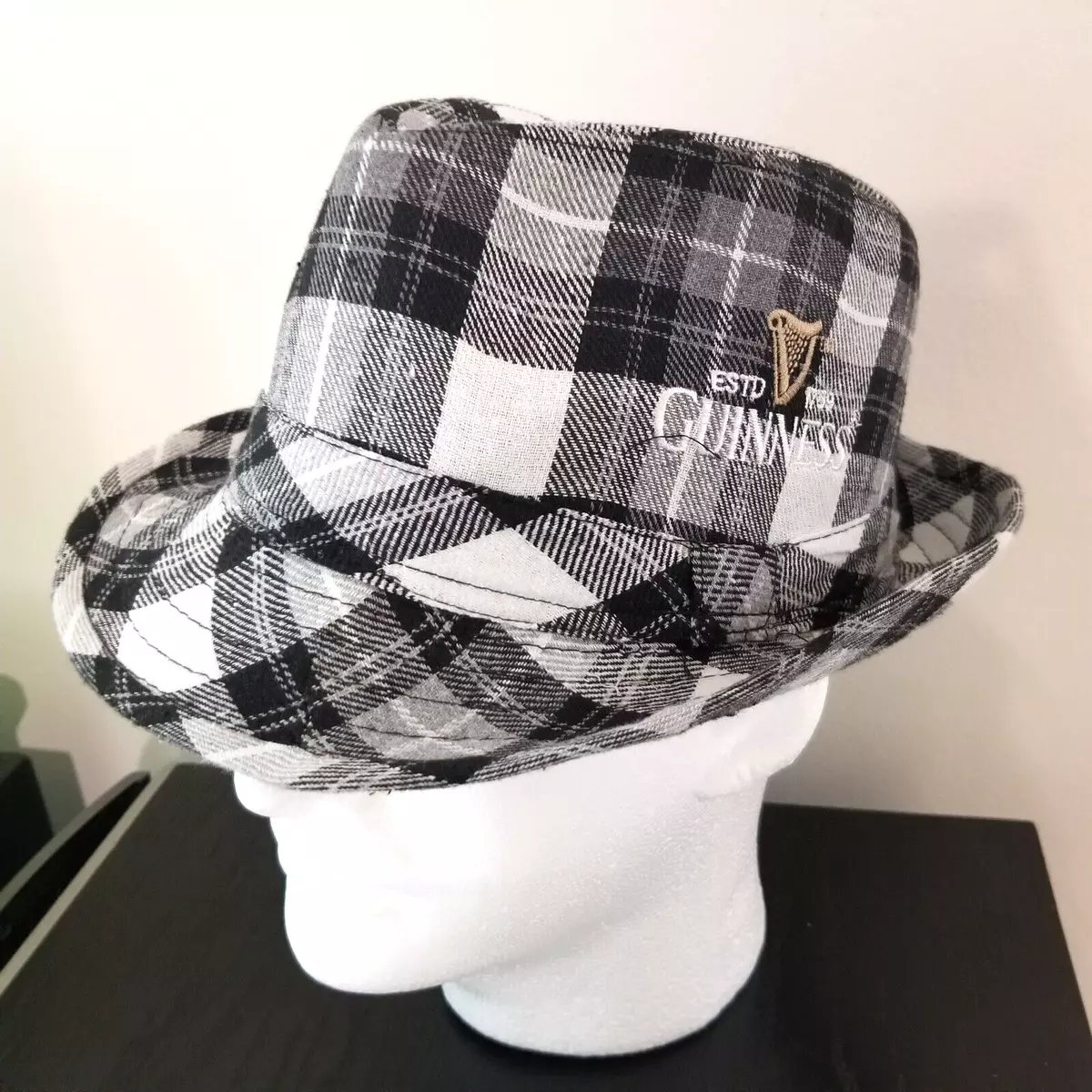 Guinness Short Brim Fedora Bucket Hat Black and White Plaid Beer