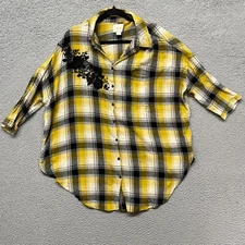 Meave Blouse Womens M/L Yellow Plaid Floral Embroidered Half Sleeve Bohemian