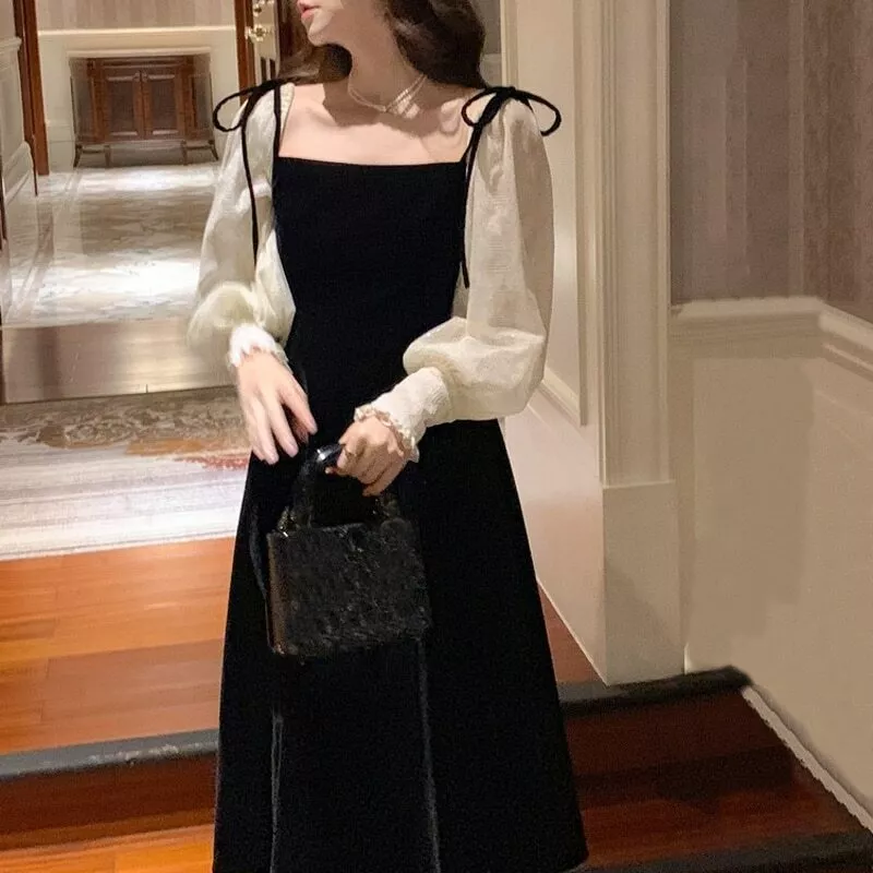 Black Velvet Dress Women Square Collar Vintage One Piece Elegant Midi Dress