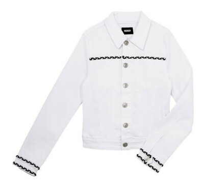 HUDSON Jeans White Jean Jacket Girl 6, White/Black Braided Trim; Cotton/Spandex