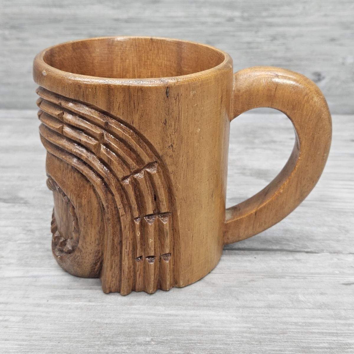 Vintage Hand Carved Wooden Tiki Face Coffee Mug Cup Hawaii Bar