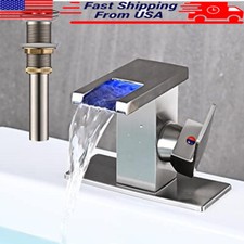 LED Waterfall Bathroom Sink Faucet Brushed Nickel Color Changing Lights 1 Handle