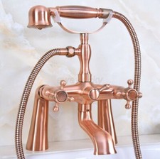 Red Copper Deck Mount Bathroom Clawfoot Bath Tub Faucet w/ Handheld Shower