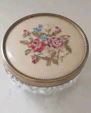 Embroidered Flowers Glass Trinket Pot Dressing Table Petit Point Gold Tone Lid