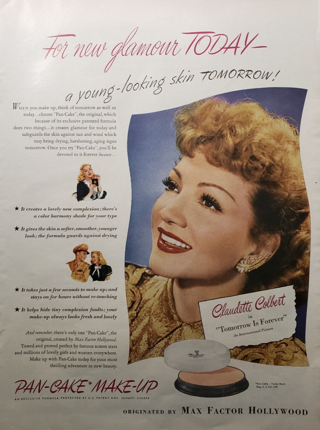 1945 Print Ad Max Factor Hollywood PanCake MakeUp Actress Claudette