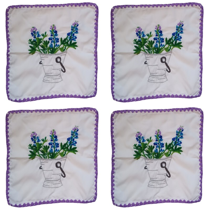 Bluebonnet Napkin Set Of 4 Bread Basket Texas Table Hand Embroidered Linen
