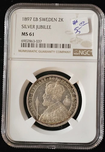 1897 EB Sweden 2 Kroner NGC MS-61