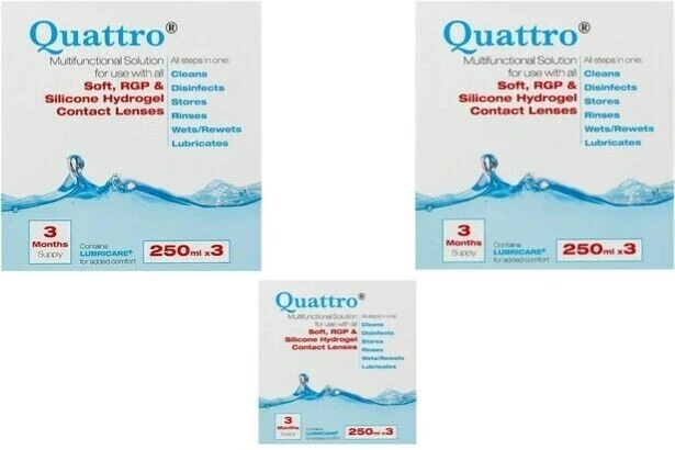 Quattro Contact Lens Solution 9x250ml Cleans Disinfects Proteins Lipids RGP Soft