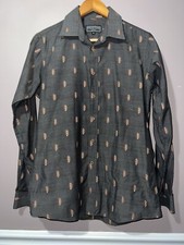 VINTAGE EMBROIDERED PRINT 1960's - 1970's BUTTON DOWN SHIRT cool colors medium