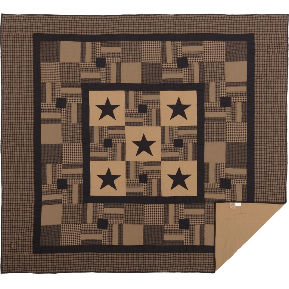 Edredón Black Check Star King Country Primitive Patchwork granja en muy buen estado Foto 4 de 4