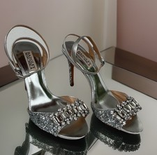 Badgley Mischka Stunning Crystal  Silver Glitter Ankle Strap Stiletto-Sz 7-VGUC