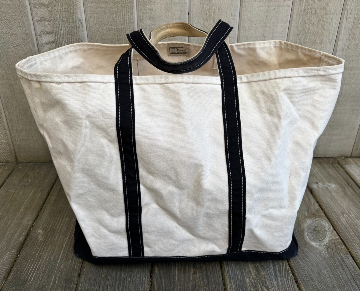 Vintage 70s 80s LL Bean Large Canvas Boat And Tote Bag Black Trim 