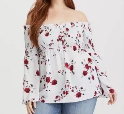 TORRID Floral Lace-up Smocked Off-Shoulder Top with Bell Sleeves 1X
