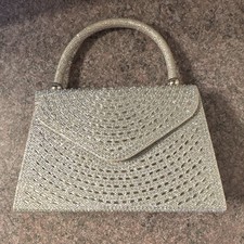 Silver Glitter Rhinestone Beaded Top Handle Evening Bag Magnetic Closure Lined