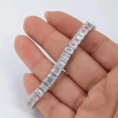 20Ct Emerald Cut Lab Created Diamond Tennis Bracelet 14K White Gold Plated 7.5" - image 1 of 4