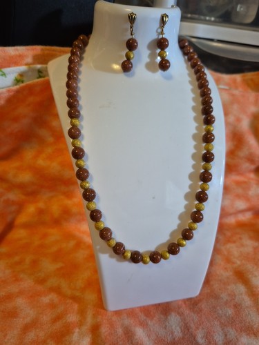 Genuine Goldstone Gemstone 18" Necklace W/Gold Glitter Beads W/ Matching... Set - Picture 9 of 24