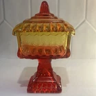 Vtg Jeanette Carnival Glass Wedding Dish Merigold Iridescent Pedestal 6.5" w/Lid