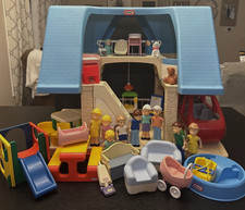 HUGE LOT Little Tikes Large Blue Roof 2 Story Doll House Car Accessories People