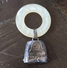 Vintage Baby Rattle Teether Ring, White Handle with Silver Metal Bell Charm