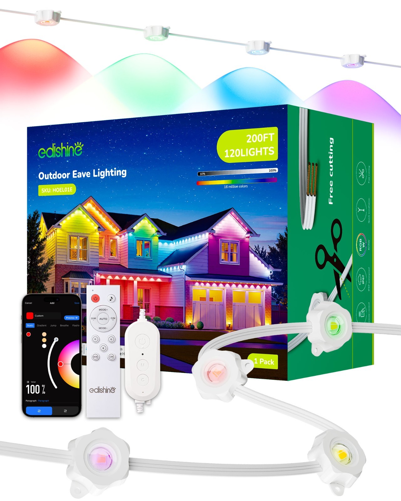 EDISHINE 120-LED Permanent Outdoor Lights RGBW Warm White IP67 Xmas Holiday