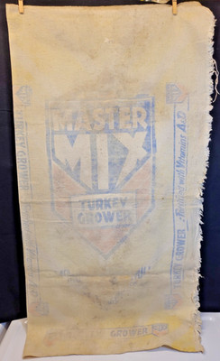 Vintage Master Mix Turkey Grower 100lb Burlap Feed Sack Seed Bag, 39''x40'' Open
