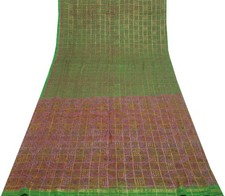 Sushila Vintage Green Sari 100 Pure Georgette Silk Printed Paisley Craft Fabric
