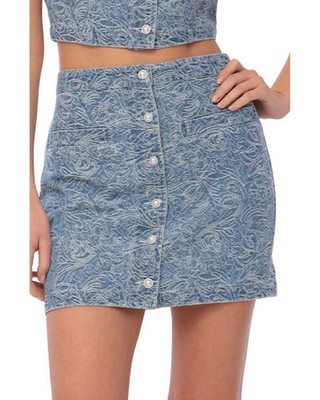 Avec Les Filles Size Small Paisley Jacquard Button Front Denim Miniskirt NEW
