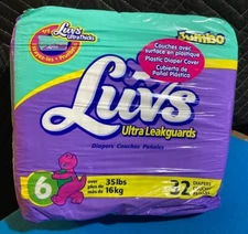 Sealed Jumbo Pack of 32 Luvs Size 6 Vintage Plastic Diapers Barney MINT!