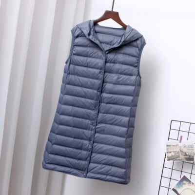 Women Ultra Light Down Long Vest Hood Waistcoat 90% White Duck Down