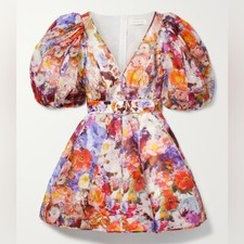 Zimmermann Prima Belted Pleated Floral-print Linen And Silk-blend Mini Dress