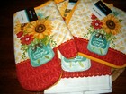 Kitchen Towel Oven Mitt Potholder Set Sunflowers Jar  3 Pieces NEW