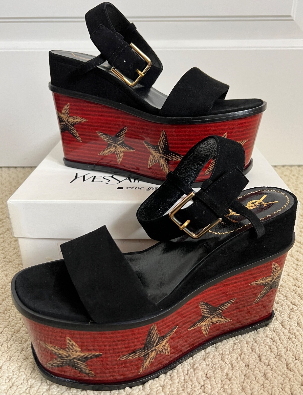 SAINT LAURENT Nuove con scatola décolleté a zeppa vintage palma pelle scamosciata nera stelle marine décolleté 38