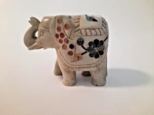 Hand Carved Cream Stone Elephant Figurine /Inlaid with Semi Precious Stones