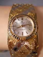 HEAVY WIDE TRESSA 750 18K YELLOW GOLD WHITE GOLD 17 RUBIS BRACELET WATCH 54.54G