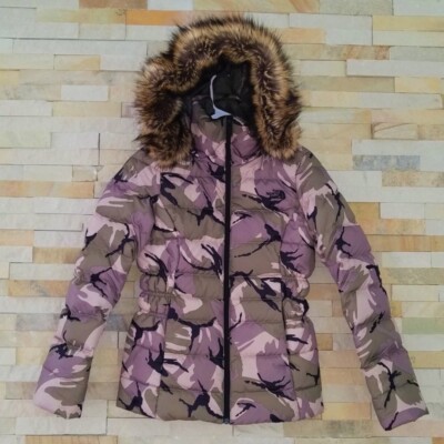 North Face Womens XS Camo Fur Puffer Jacket Coat Camouflage Hood Hooded  Winter