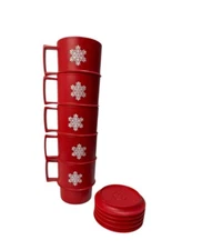 Vintage Lot of 5 Tupperware Red Christmas Stackable Mug Cup w Lids 1312-28 USA