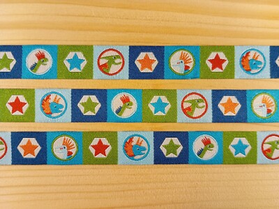 1 m Webband in Blautönen mit Dinos und Sternen, 15 mm
