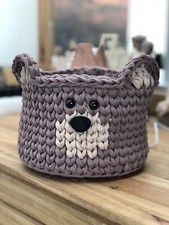 Adorable Crocheted Brown And Beige Bear Basket Perfect For a Baby Nursery