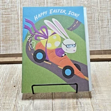 Designer Greetings Easter Card For Son Bunny Rabbit Carrot Race Car Green Blue