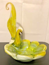 RARE! Vintage Mid Century Mexico Blown Art Deco Yellow & White Bird Ashtray/Dish