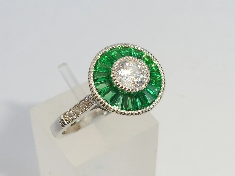 Signore stile Halo argento 925 con zaffiro e smeraldo anello - Immagine 3 di 4