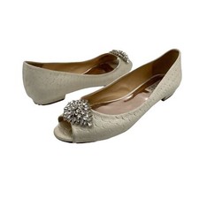 Badgley Mischka Ivory Taft Scalloped Rhinestone Flats Women's Size 9 Wedding