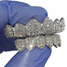 Grillz Set Iced Simulated CZ Teeth Micro Pave Silver Tone 6/6 Pre-Made Grills