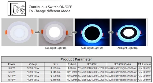 6W, 9W 3 Mode Dual Colour Round Recessed LED Ceiling Panel Cool White Blue Ring  - Picture 5 of 7