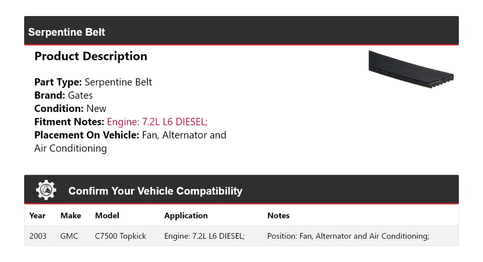 GMC C7500 2003 Topkick Serpentine Belt Gates Foto 2 de 4