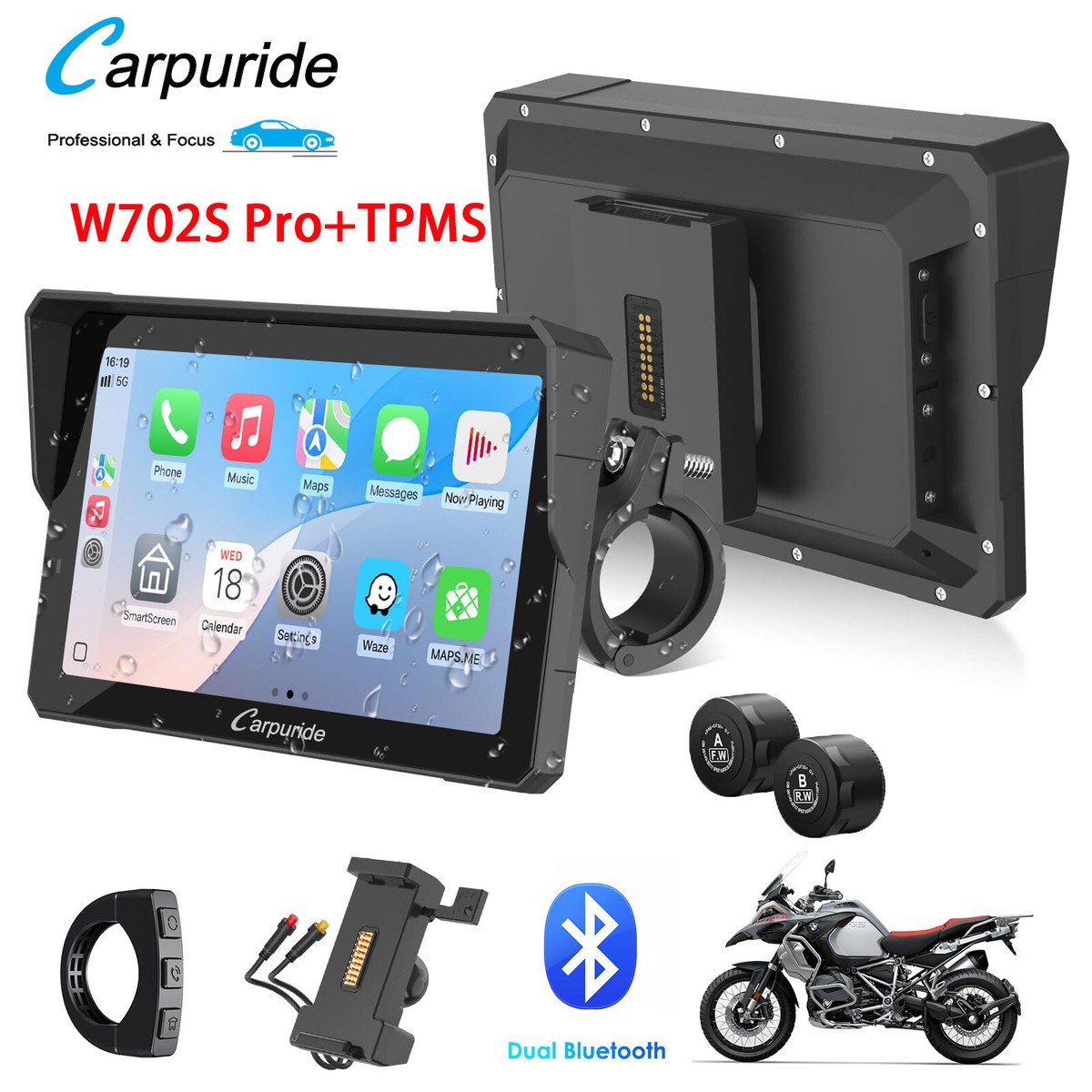 Carpuride W702S Pro Moto TPMS Carplay Screen BM05 Mount Wireless