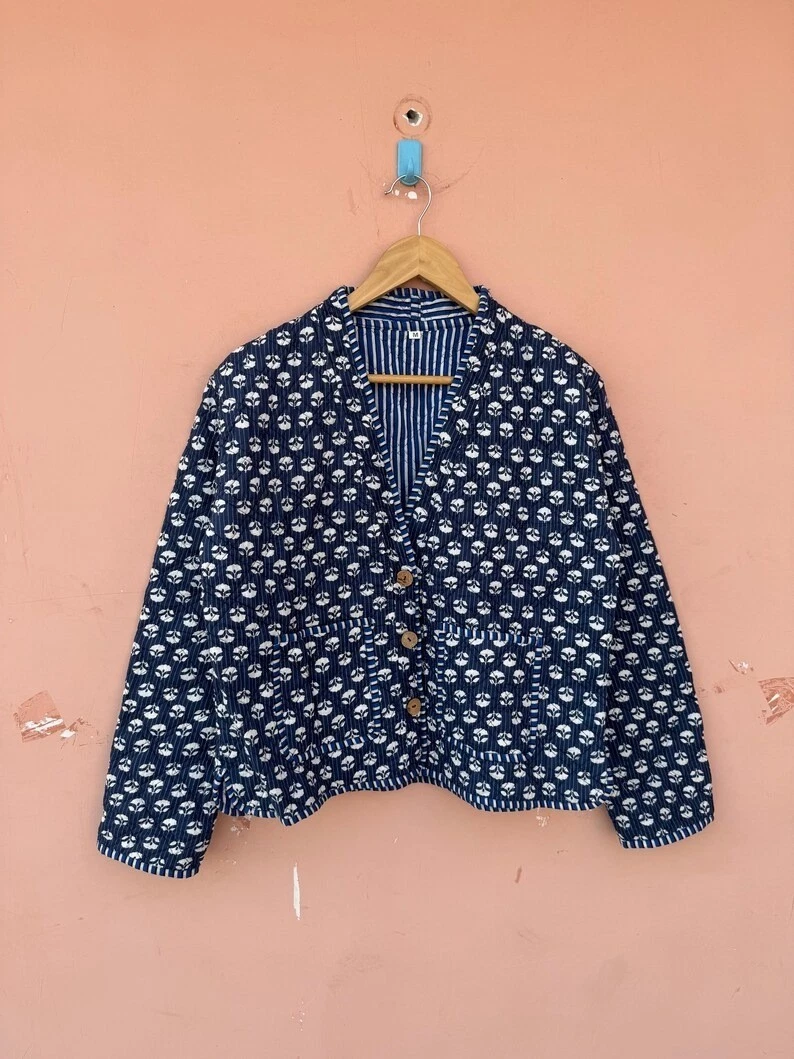 Indian Blue Floral Print Cotton Quilted Unisex Jacket Women's Clothing Jacket US